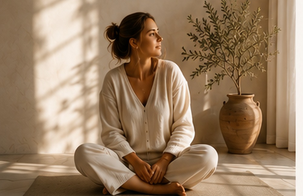 Woman sitting calmly in Mediterranean yoga studio